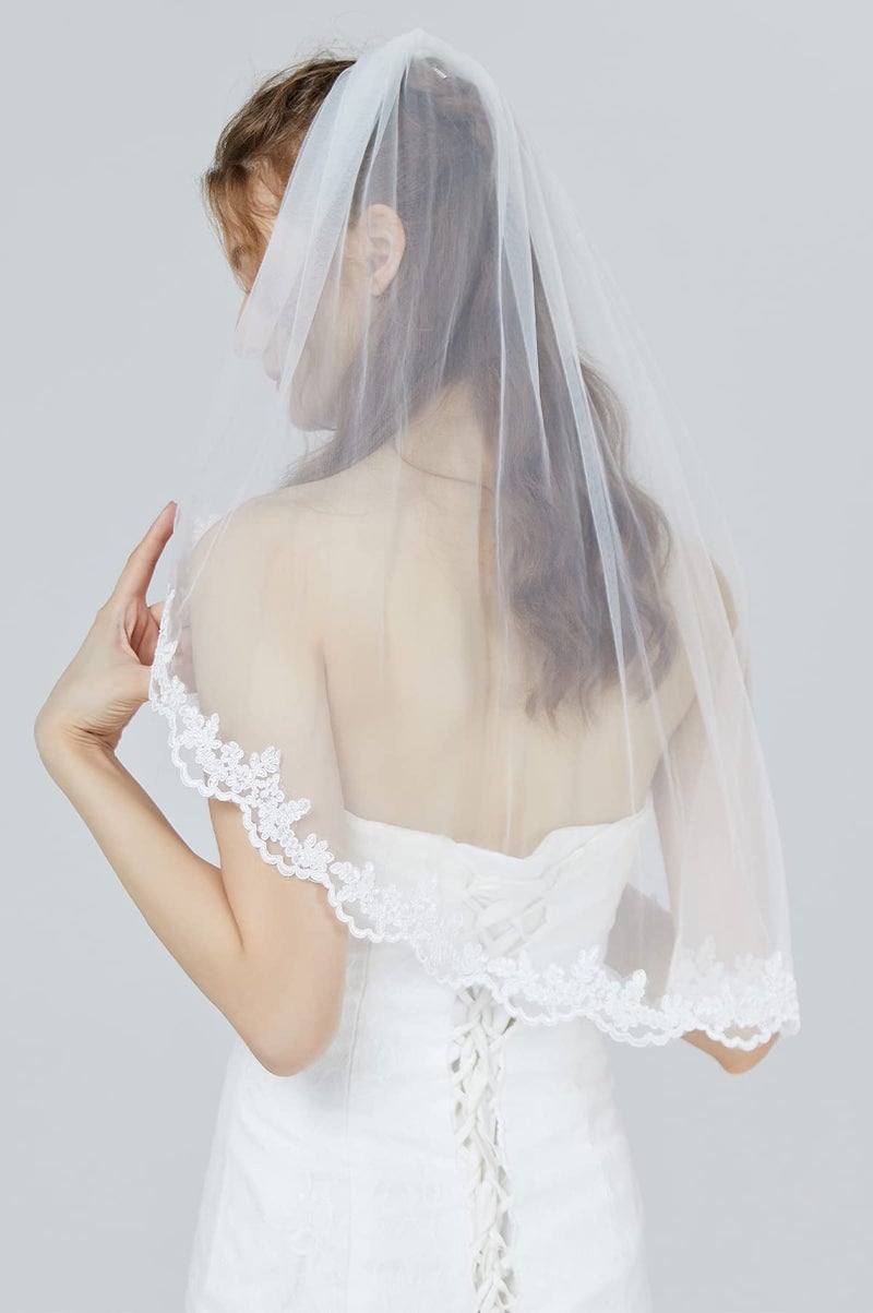 BEAUTELICATE Wedding Bridal Veil with Comb 1 Tier Lace Applique Edge Elbow Length - Image 3